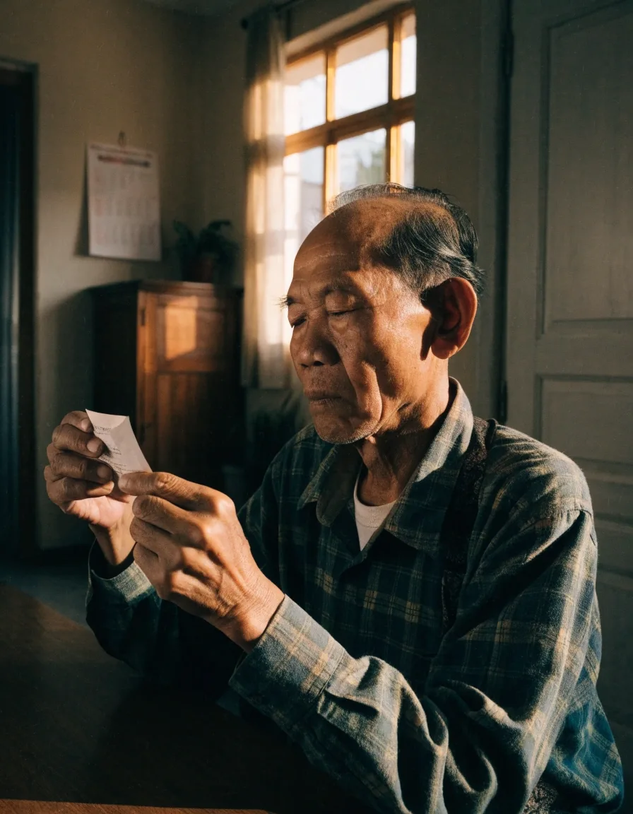 Man in his sixties testing near focus by comparing two cards at different distances