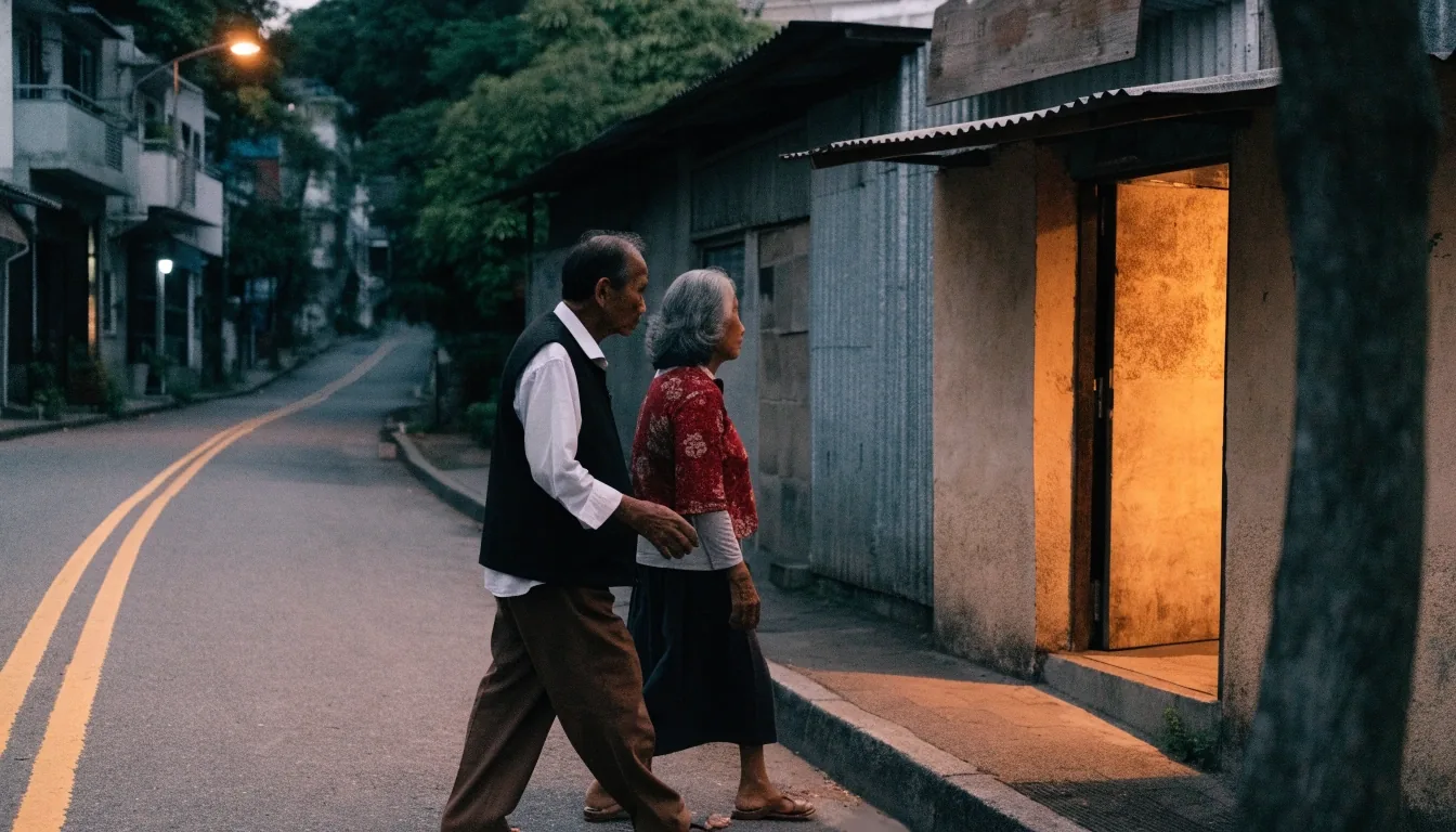 Older couple walking together toward an eye clinic in the early evening