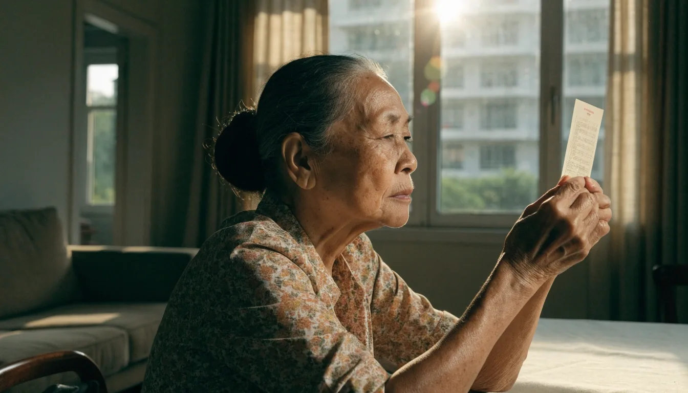 Older woman holding a reading card at arm's length in soft window light