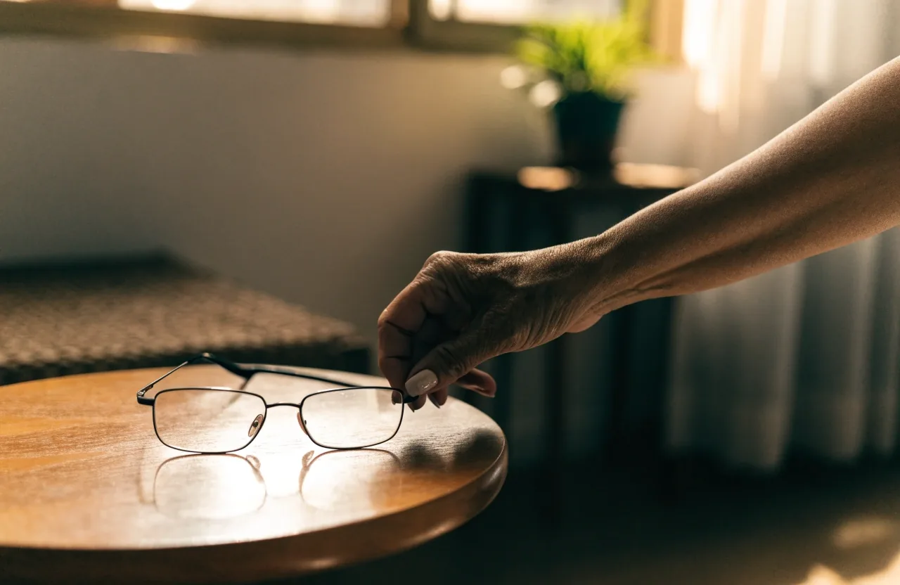 Older person writing notes at a desk beside a pair of reading glasses