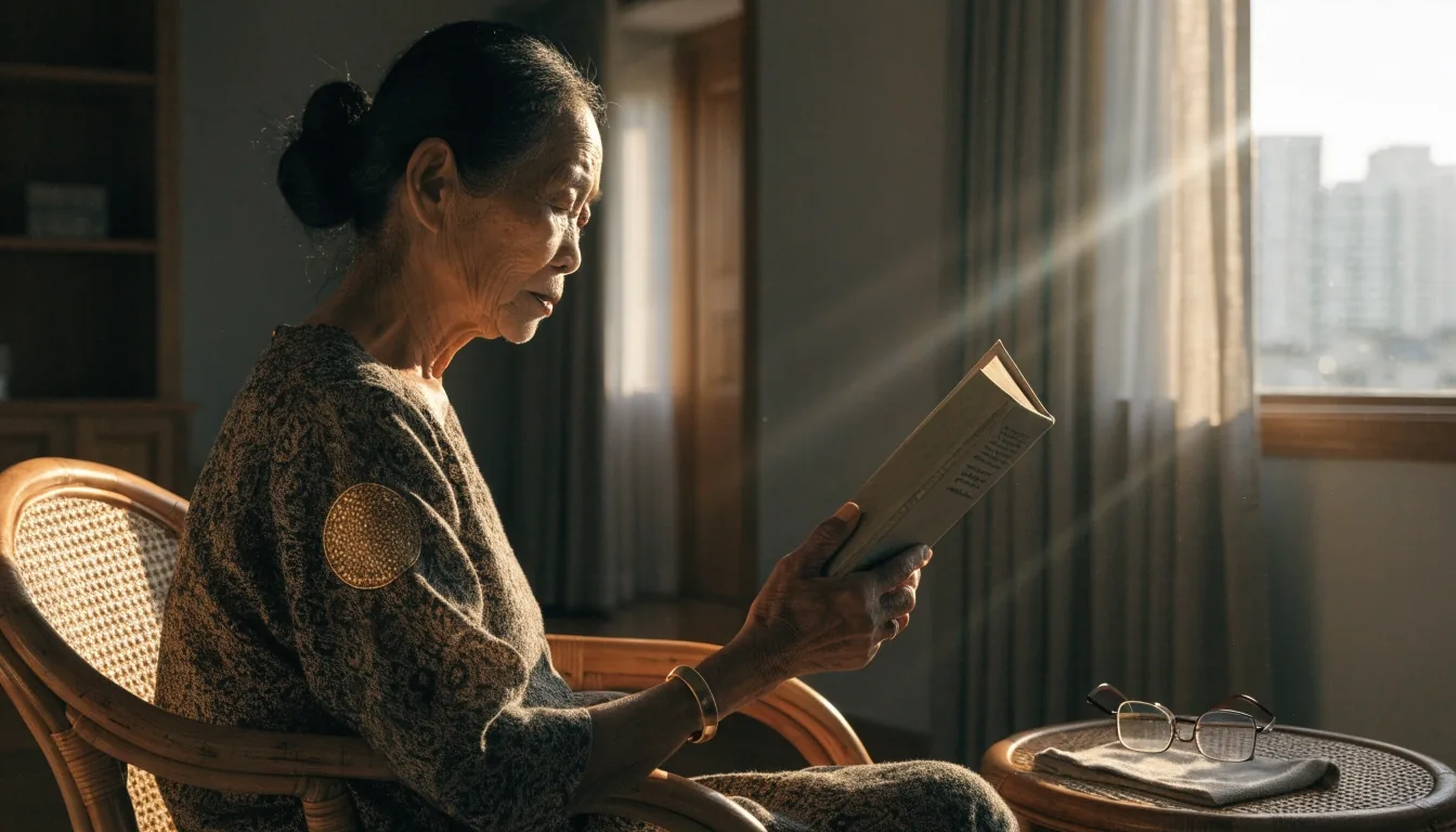 A quiet armchair by a shaded window in a Jakarta home in late afternoon light, reading glasses resting on a side table