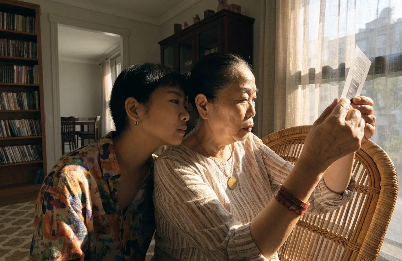 An older woman in a bright Jakarta apartment holding a printed eye chart at arm's length while reading it