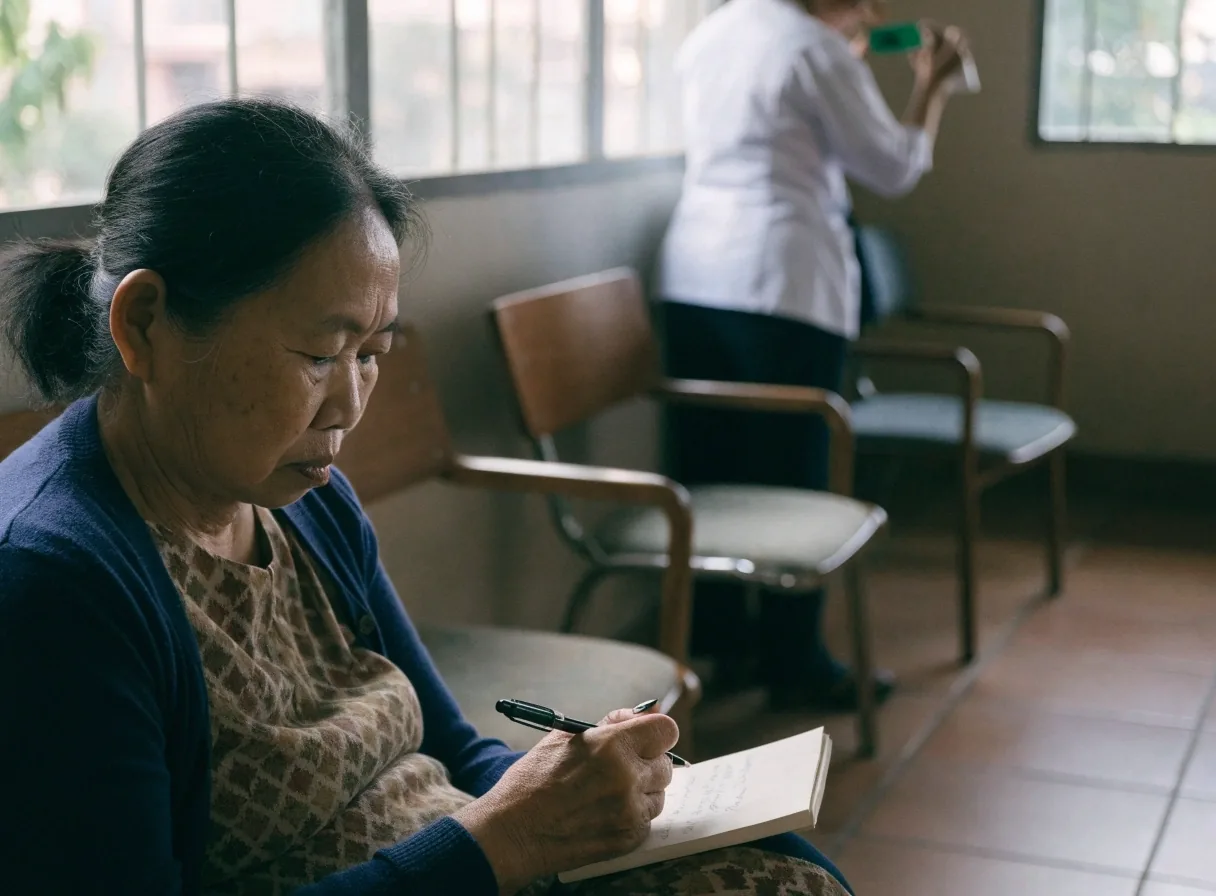 Hands jotting symptom notes on a small pad beside reading glasses