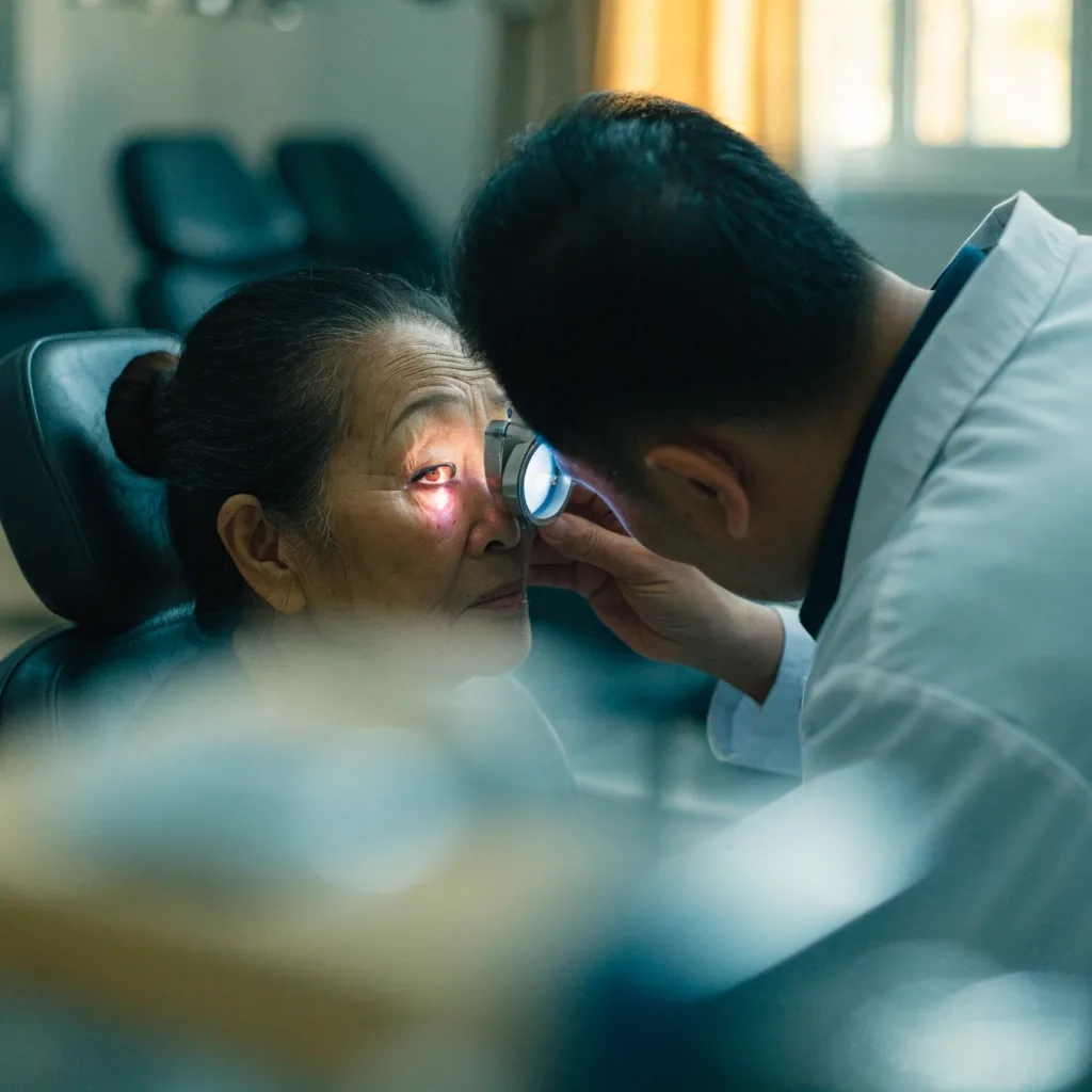 Older Indonesian woman having a dilated eye exam in a Jakarta clinic
