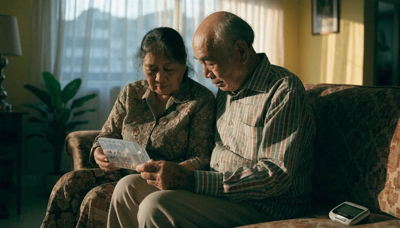 Older Indonesian couple in their living room with a daily pill organiser and glucose meter