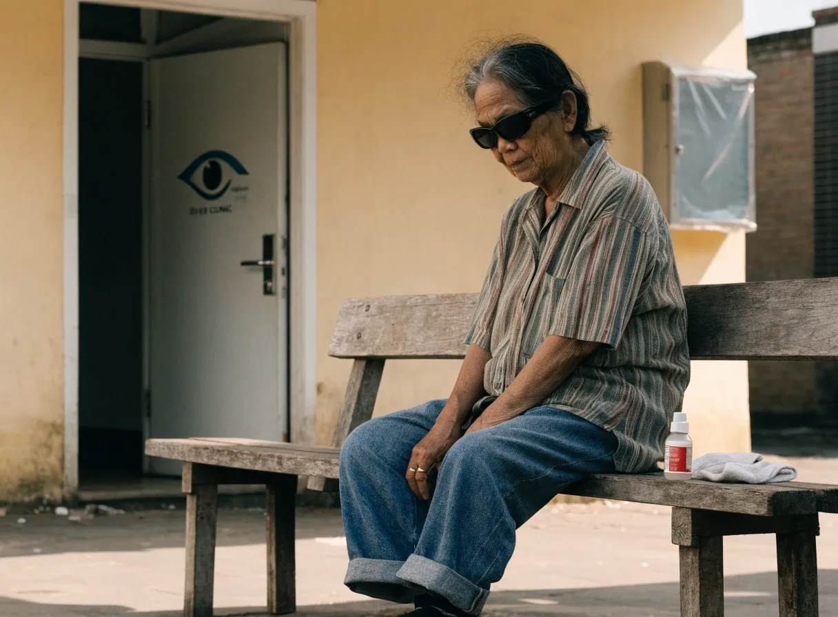 Sunglasses and eye drop bottle left ready on a bench after a dilated exam