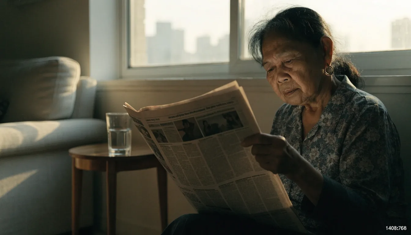 An older woman holding a newspaper further away to read it in soft daylight by a window