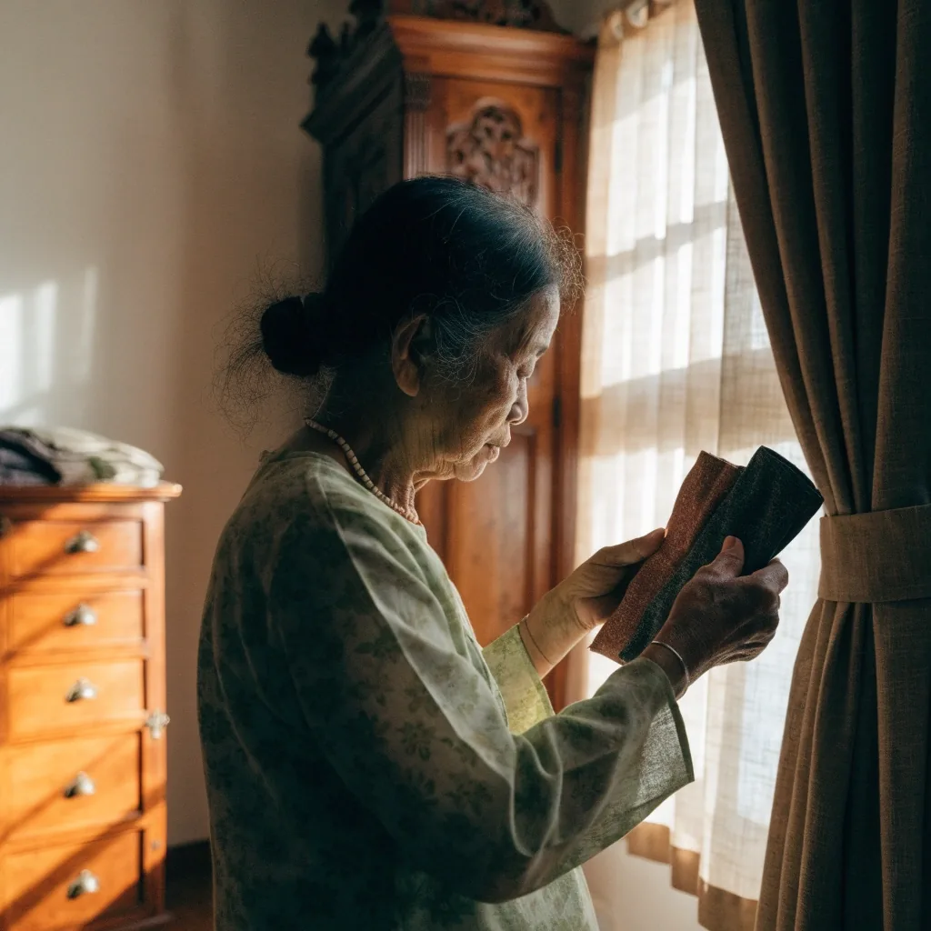 An older woman comparing two folded garments side by side near a window in soft daylight