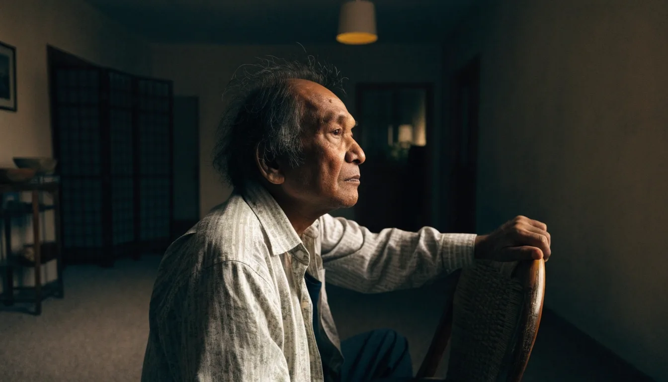 An older man looking across a dimly lit room at dusk with the edges of the room in shadow
