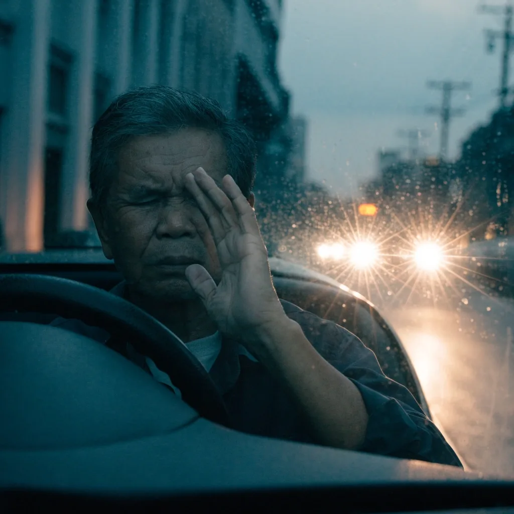 Oncoming headlights blooming into streaks through a car windscreen at dusk