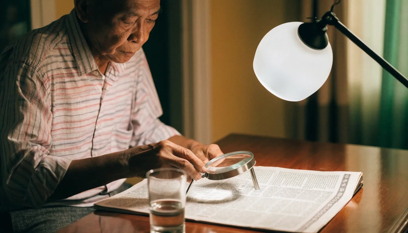 Man reading at a dining table with a stand magnifier and a side lamp