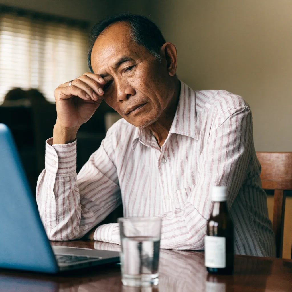 Man at a desk resting a hand near his eye, a laptop angled away and eye drops beside him