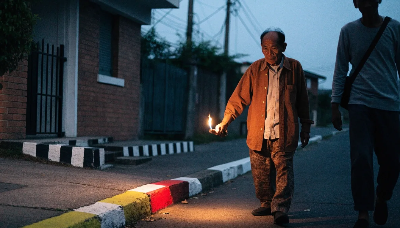 Man walking a neighbourhood sidewalk at dusk with a torch, kerb edges clearly marked