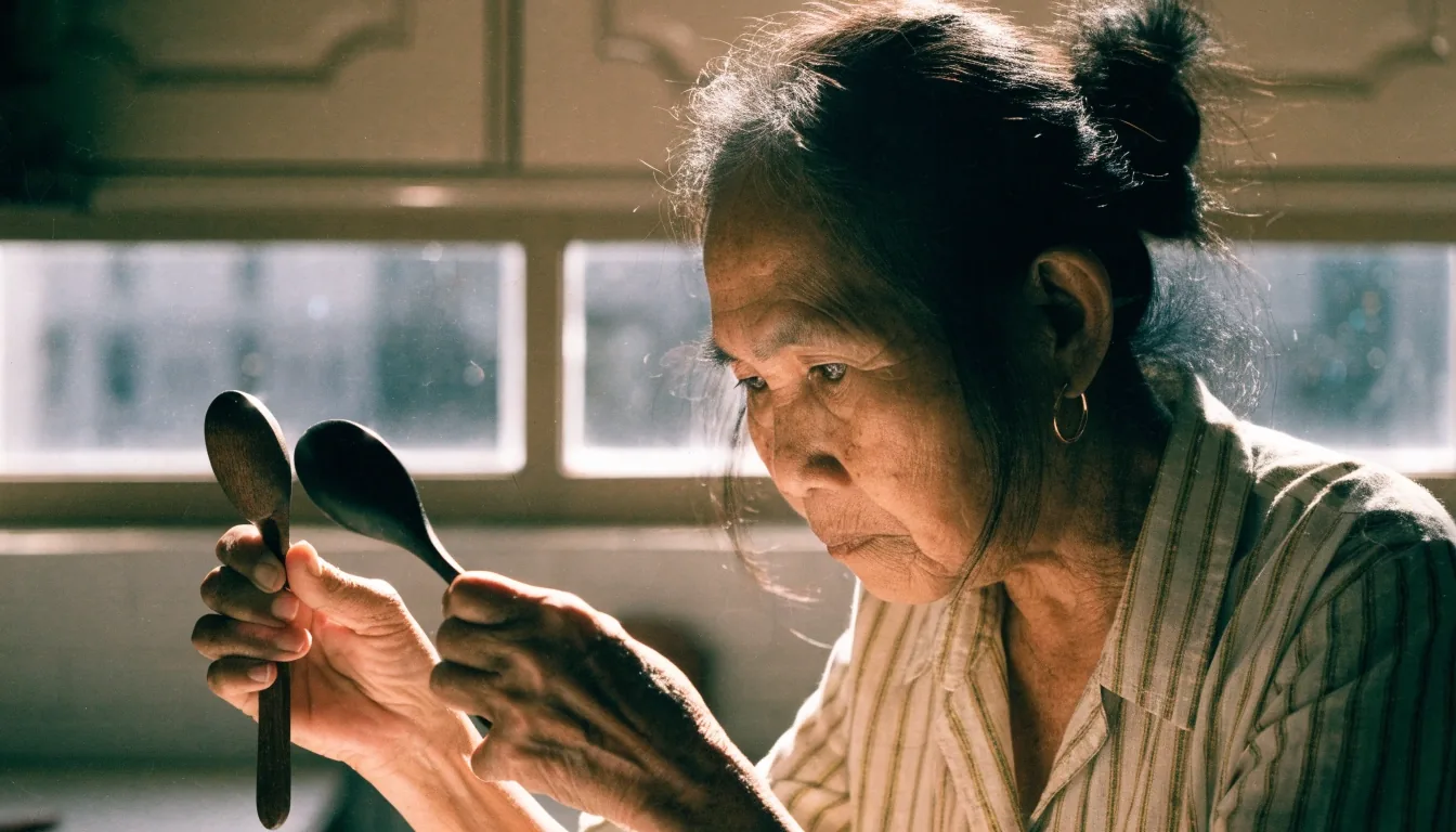 Woman reading at arm's length from a phone beside a side lamp in a bright living room