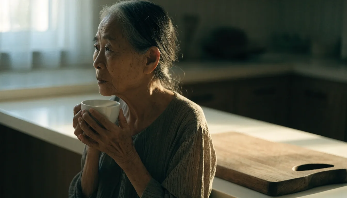 Woman in her sixties at a sunlit kitchen counter, looking toward the window