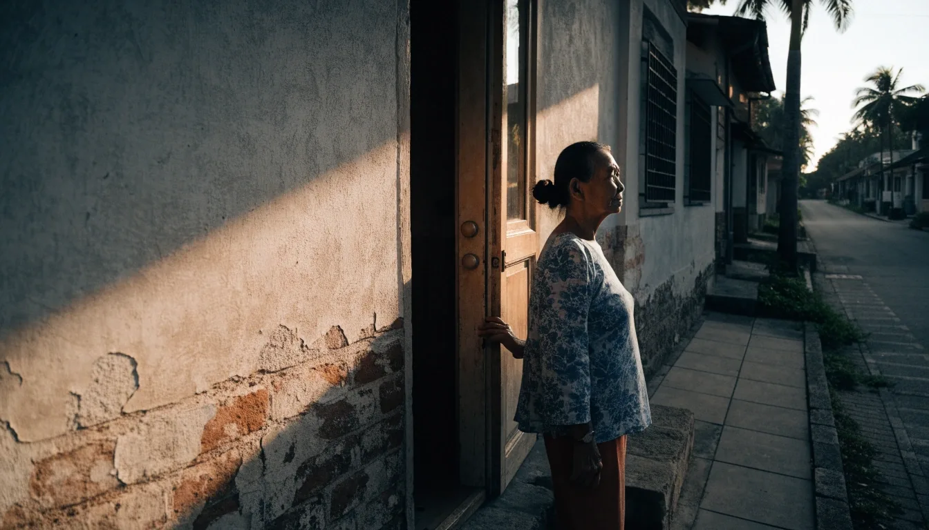 A quiet Jakarta street and front doorway at golden hour, warm light across the pavement