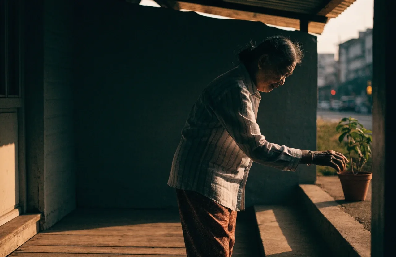 A hand reaching for a bowl on a kitchen counter, the peripheral edge of the scene dim