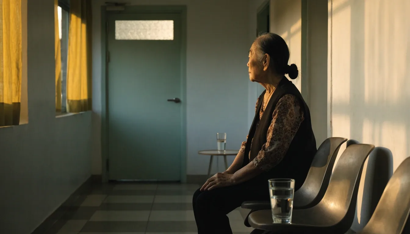 A quiet eye clinic waiting area in the late afternoon with soft daylight on empty chairs