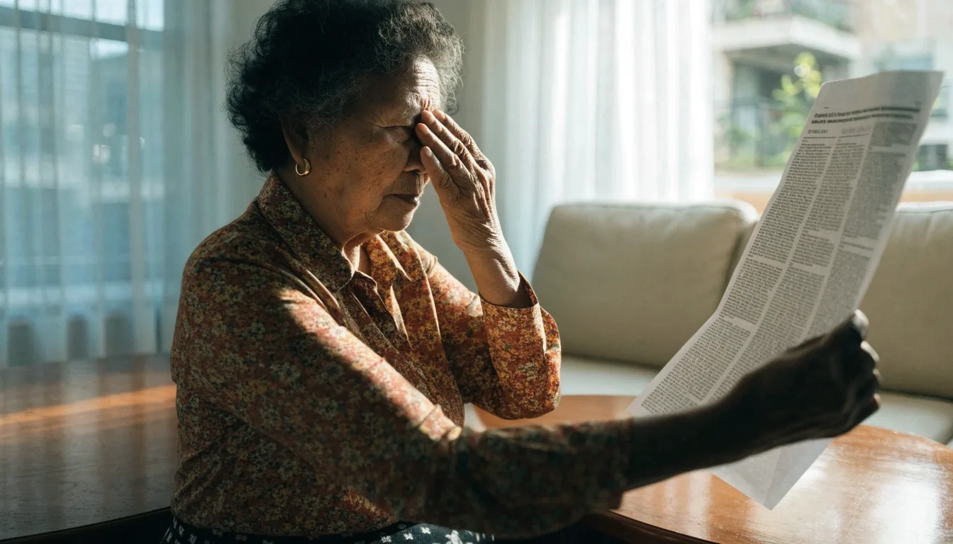 An older woman at a table covering one eye to compare how clearly each eye sees a printed page
