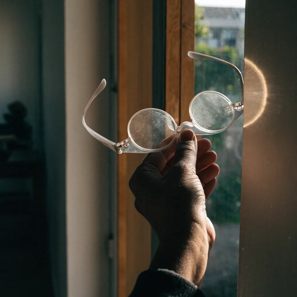 Reading glasses held up to window light, the lens catching a halo of glare