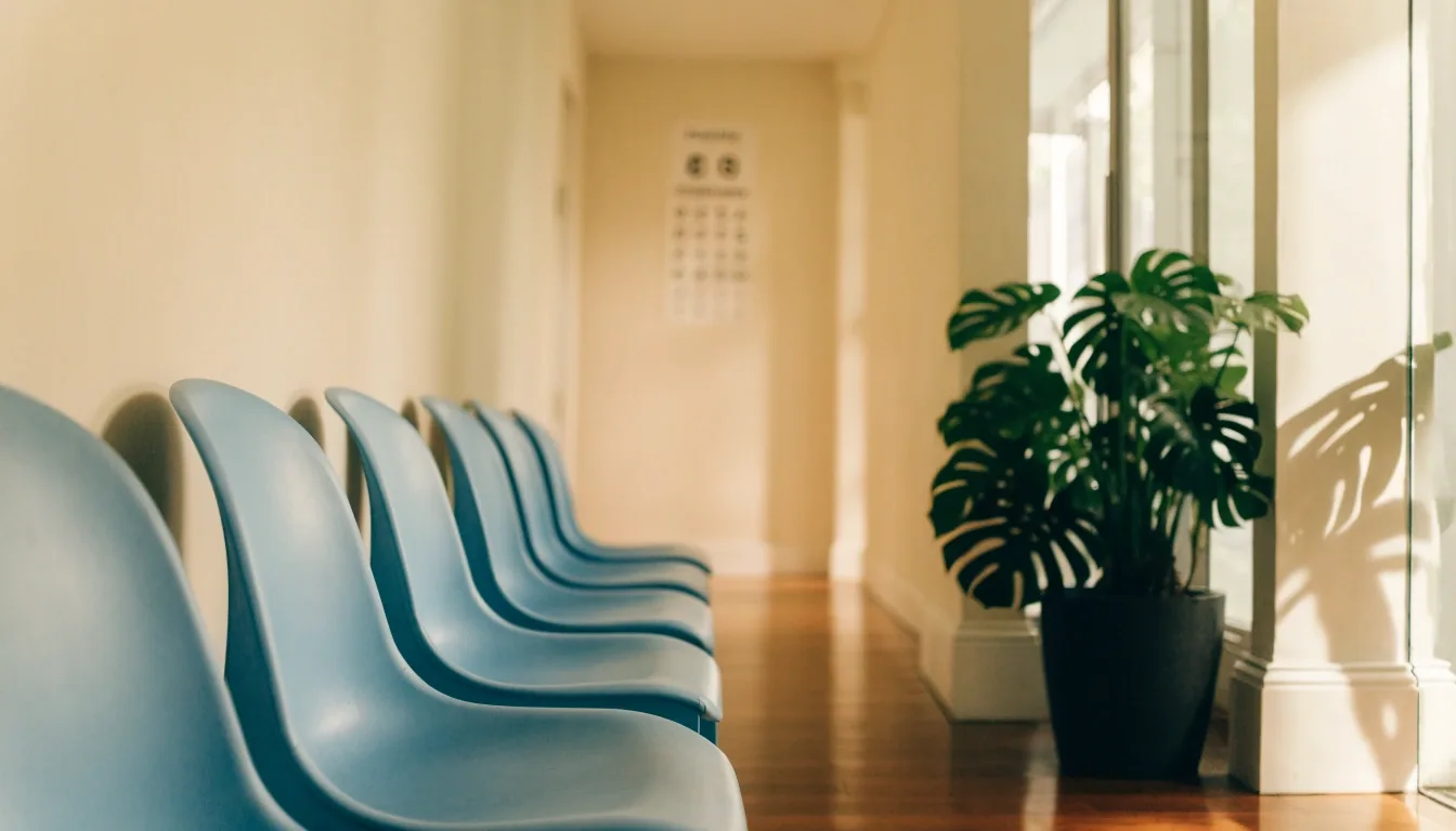 A calm daylight waiting area in an eye clinic with chairs along the wall
