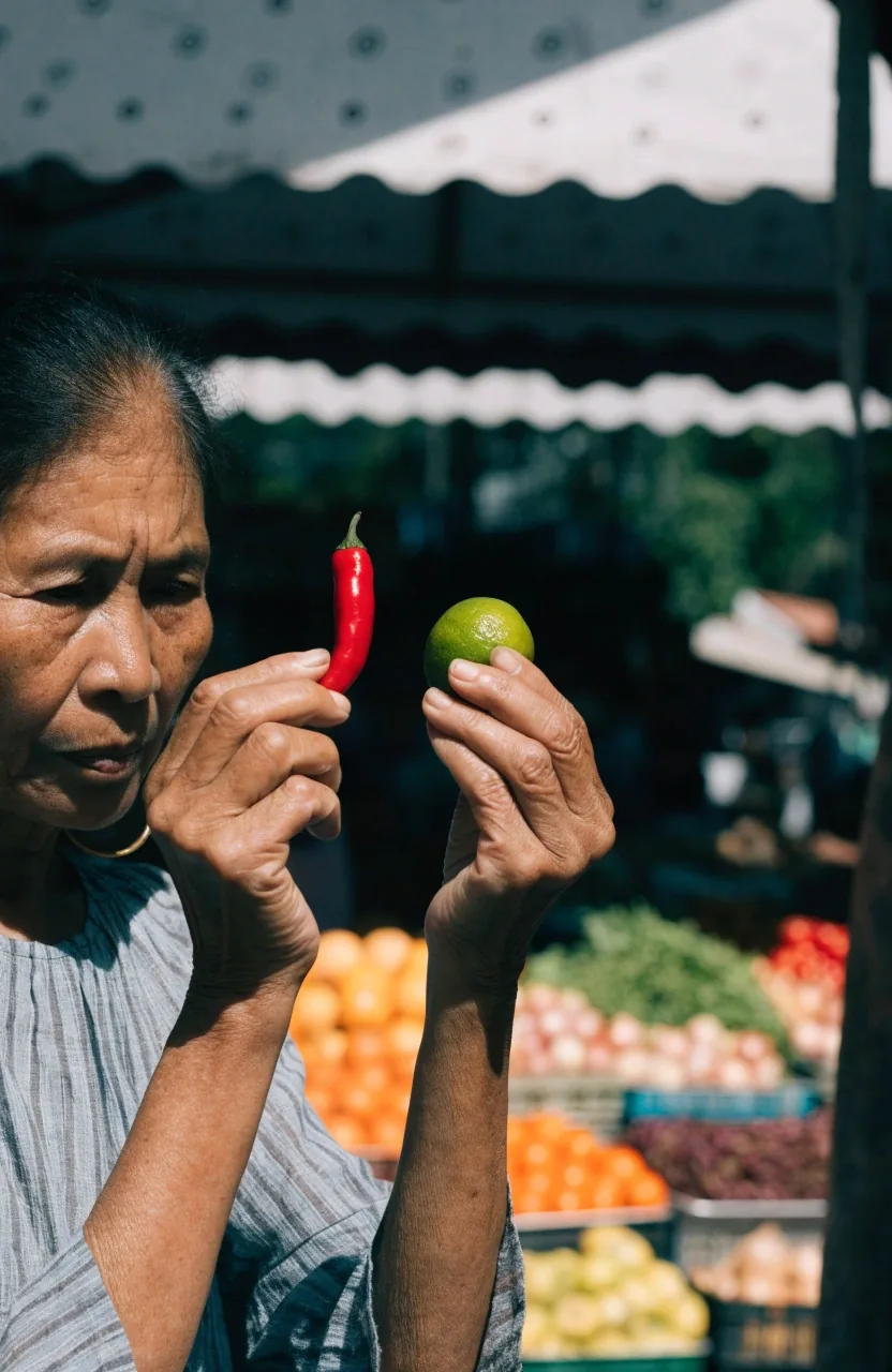 A market stall tray of red chillies beside aubergines and green limes under an awning