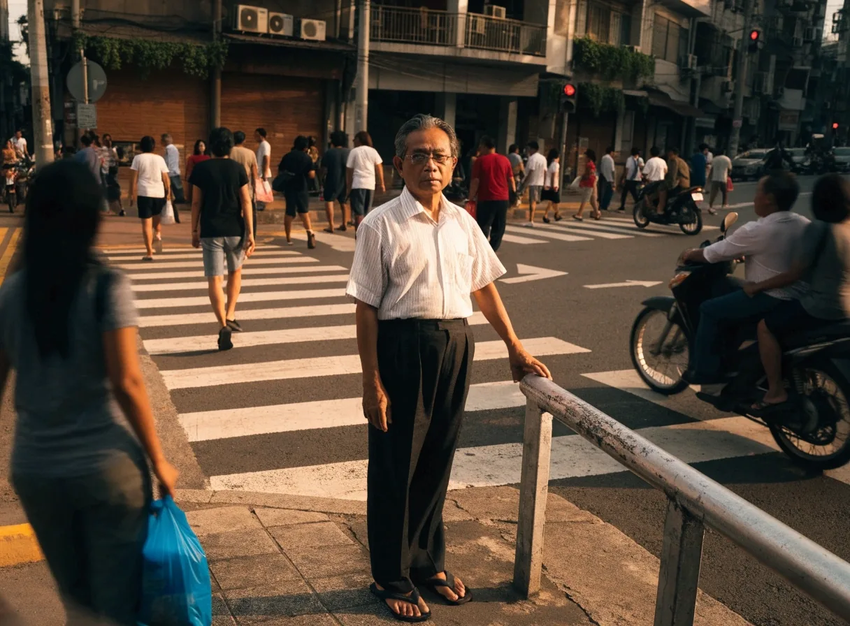 An older man waiting at the edge of a busy pedestrian crossing while traffic passes on both sides