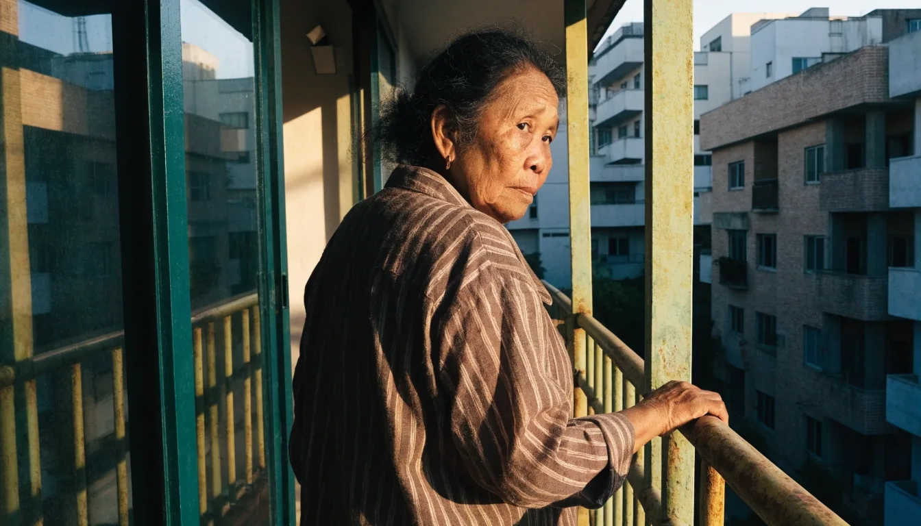 An older woman by a window lifting a hand to shield her eyes from low afternoon sunlight