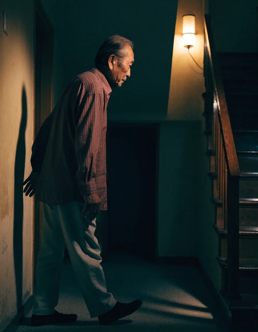 An older man pausing in a dim hallway at night with one hand on the wall near a staircase