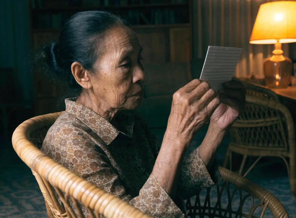 An older woman studying a grid card held at reading distance in a softly lit living room