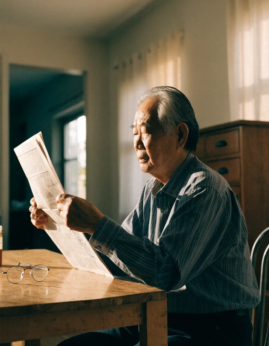 Reading glasses and a folded newspaper on a kitchen table with a hand reaching toward them