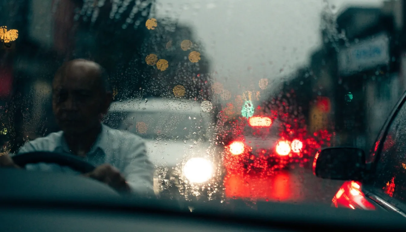 View through a rain-streaked windscreen in slow traffic with headlights blooming into halos