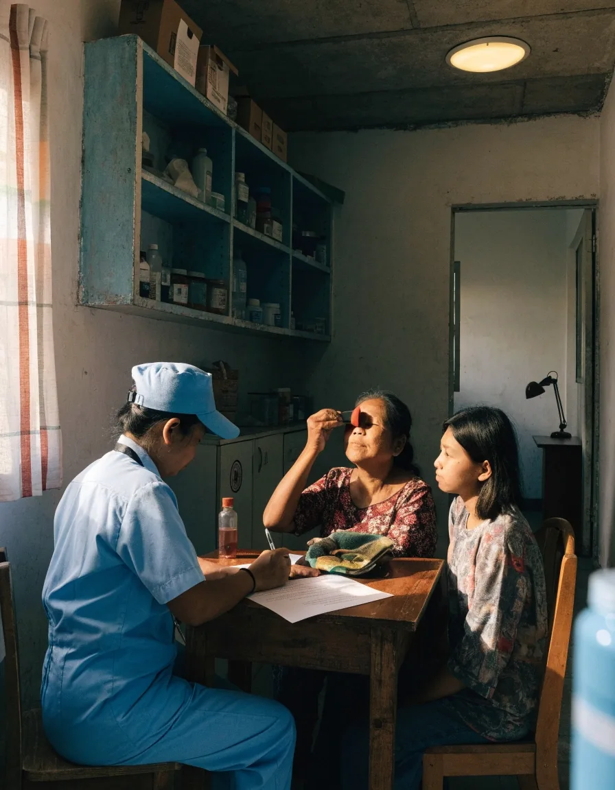 A health worker screening an older woman's vision at a community health centre in Indonesia