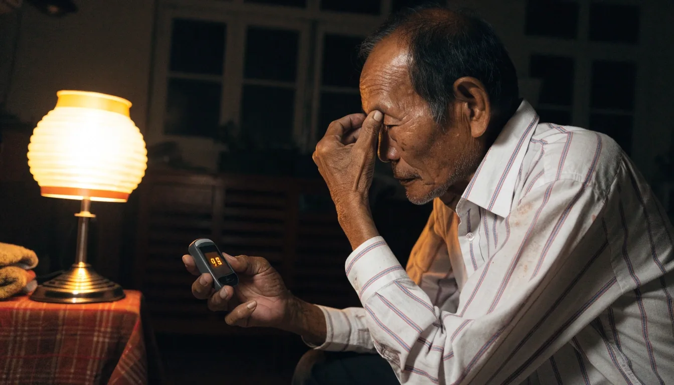 A man in a living room at night holding a glucose meter beside a reading lamp