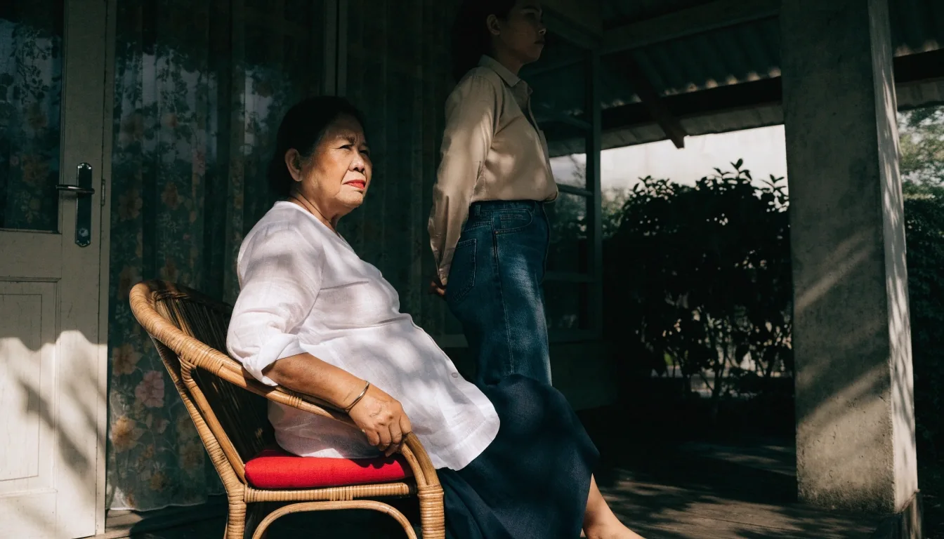 An older woman sitting on a shaded Jakarta terrace with a younger relative beside her, looking into the middle distance