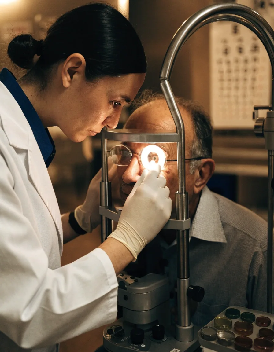 An eye doctor guiding an older man through a slit-lamp examination in a clinic
