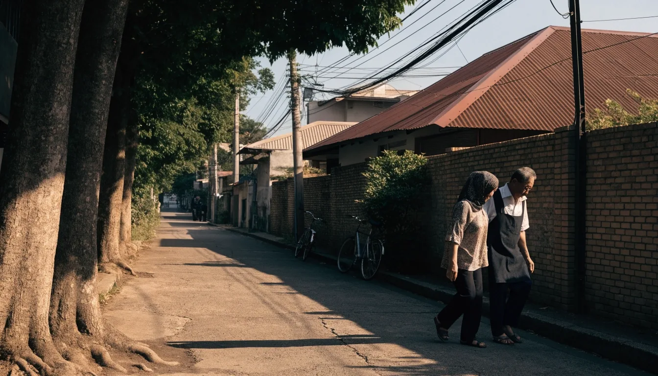 Two older adults walking together along a shaded residential lane in the late afternoon